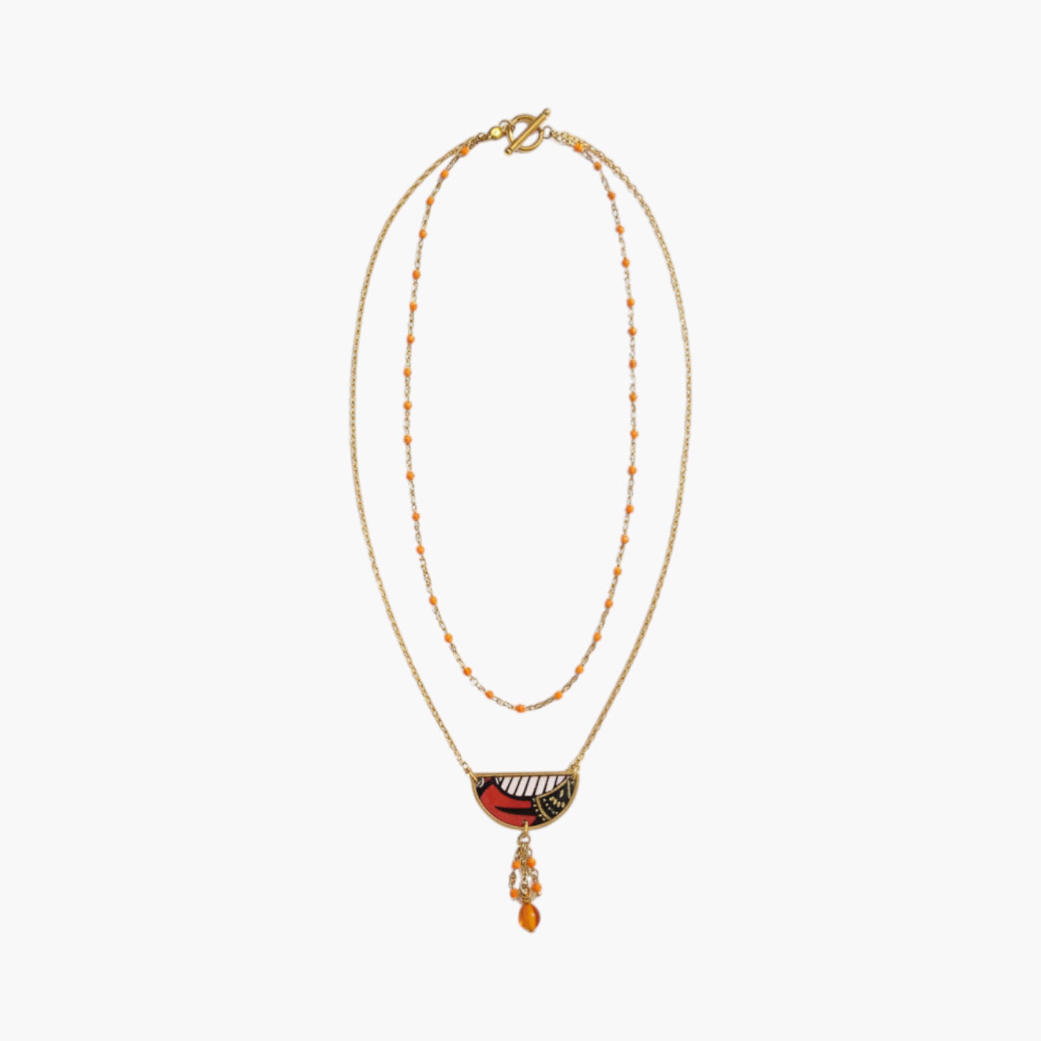 Collier double rang artisanal pendentif demi-lune papier indien motifs Wax
orange et or, perle coraline, fait main France

