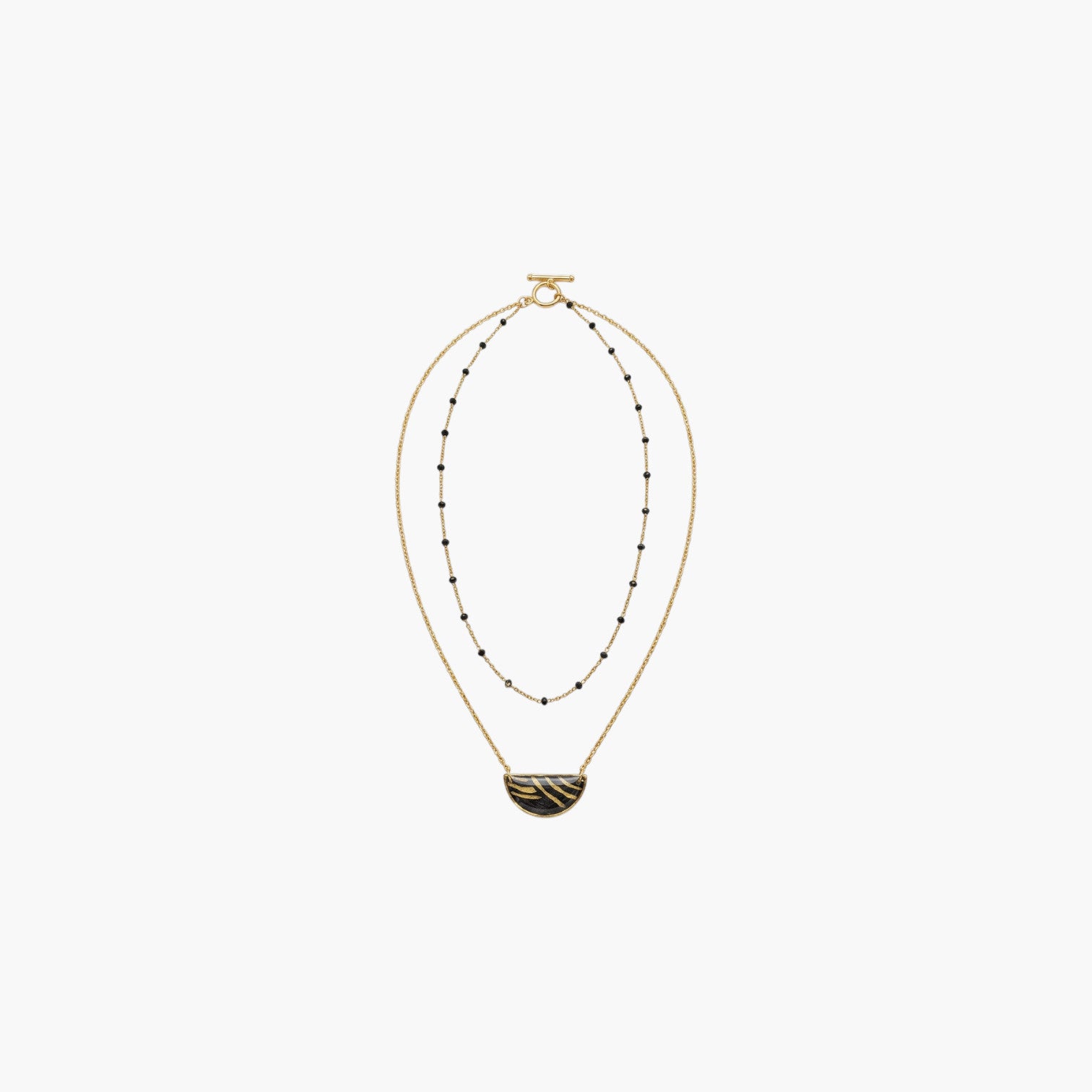 Collier double rang papier  lokta noir & spirales dorées · pendentif demi-lune