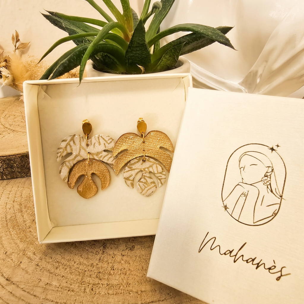 Boucles d'oreilles  Monstera lokta feuilles dorées & beige