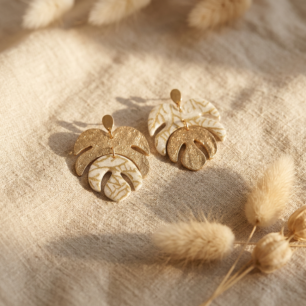 Boucles d'oreilles botaniques fait main Monstera — papier lokta motifs feuilles dorées fond beige, deux pièces articulées, clous dorés, 4,5cm