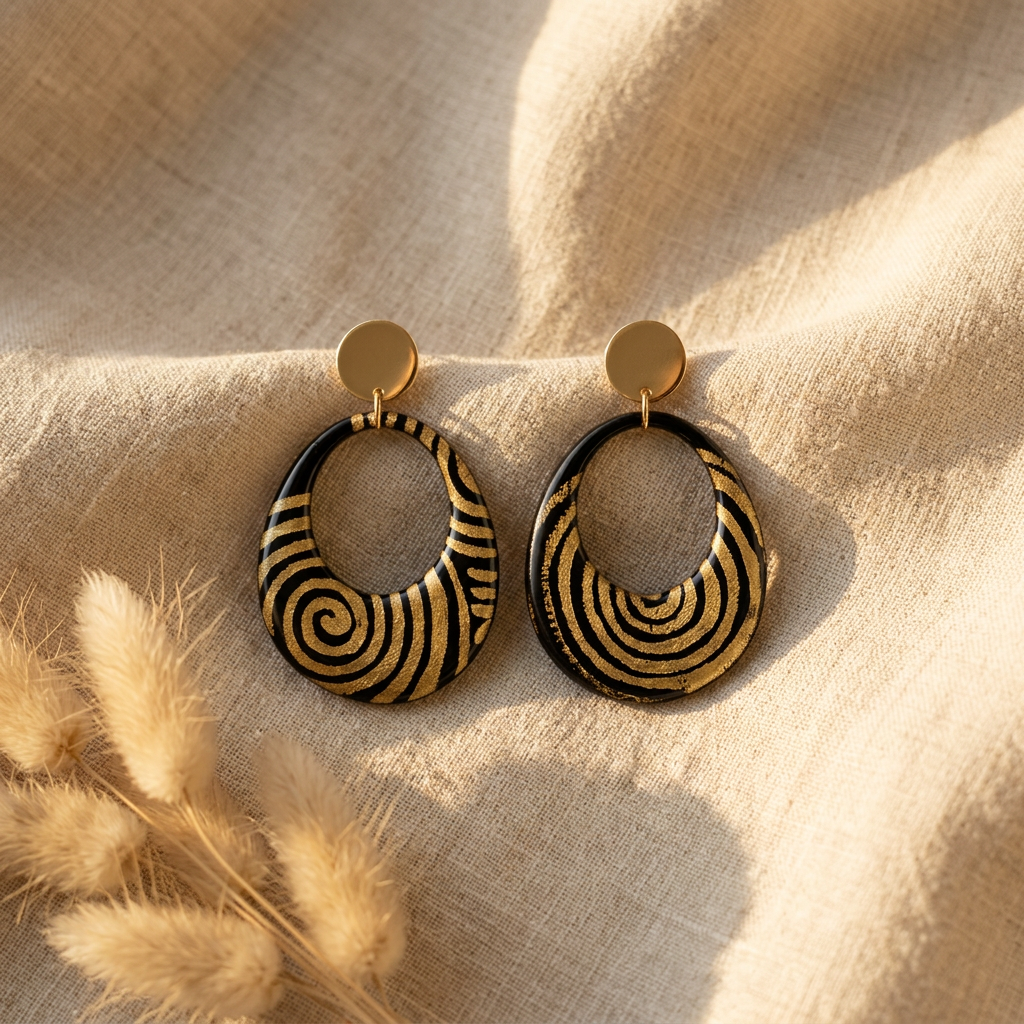 boucles d'oreilles créoles fait main papier lokta noir spirales dorées collection Kriyōla