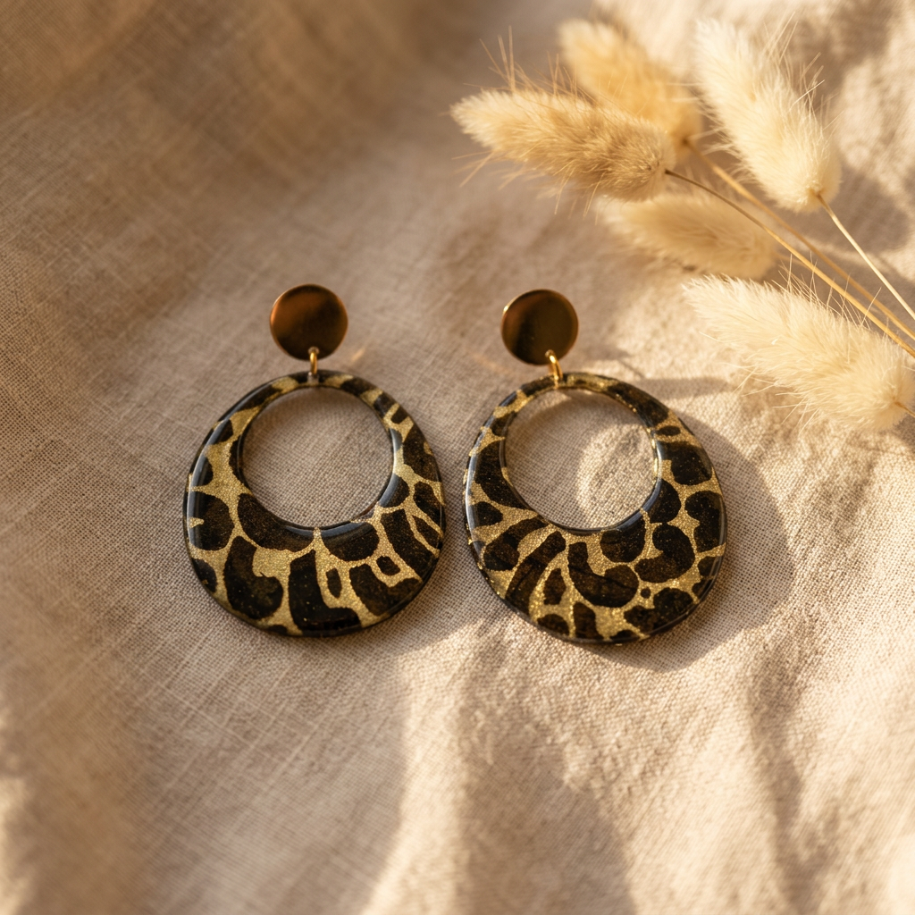 Boucles d'oreilles créoles Kriyōla 4,5cm papier lokta doré et kaki résiné multi-couches clous acier inoxydable — fait main France
