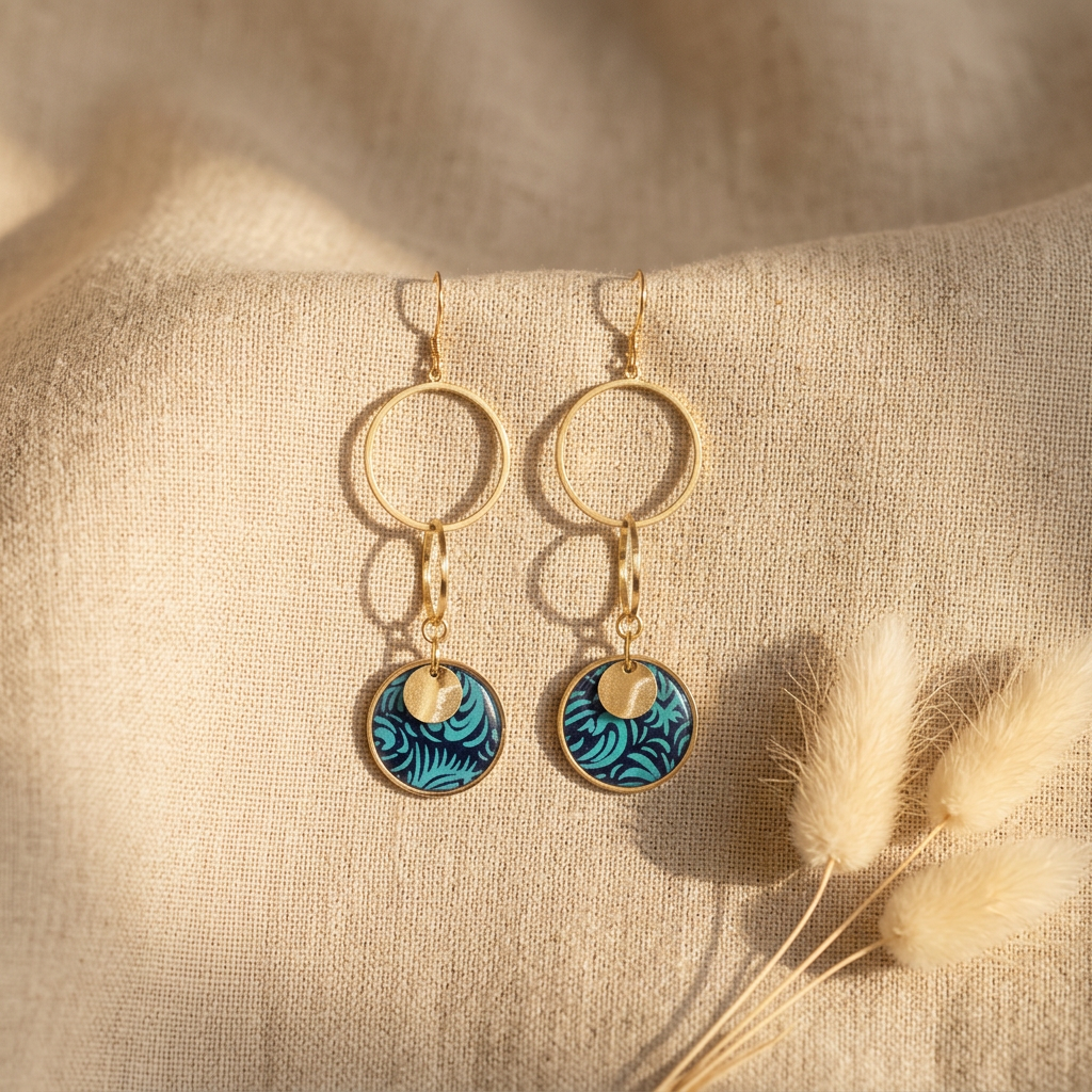 boucles d'oreilles doubles anneaux fait main Saṅgha papier indien bleu profond