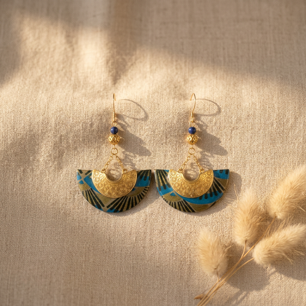 boucles d'oreilles demi-lune fait main Art Déco bleu nuit noir papier népalais Ādhā Gōla 