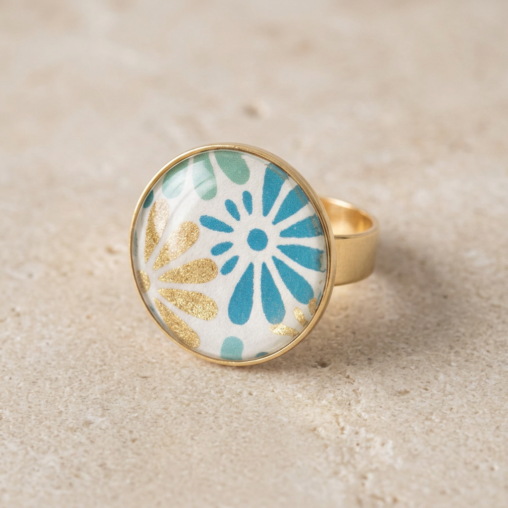 Bague cabochon éventails bleu vert doré · papier indien