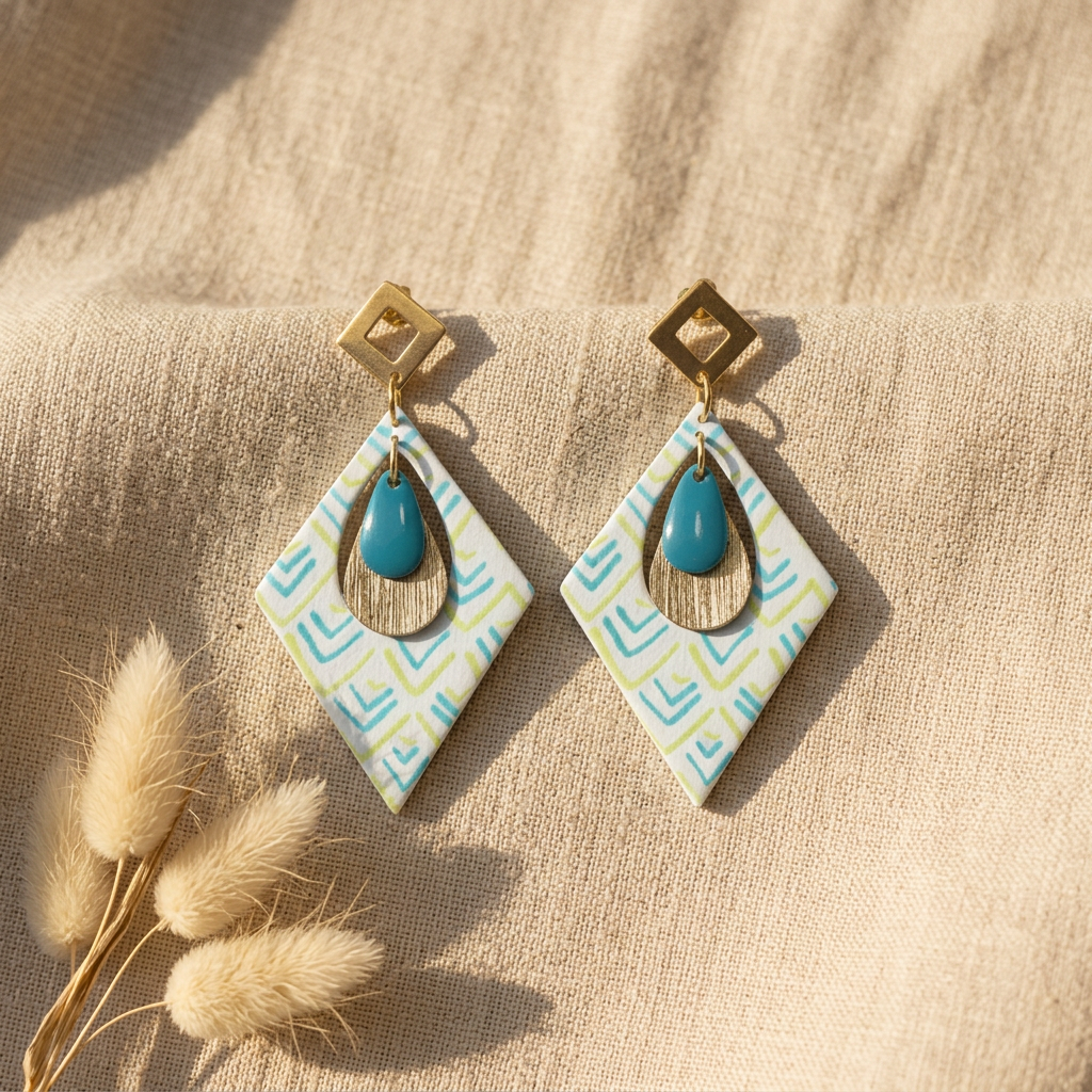boucles d'oreilles pendantes fait main losange papier indien bleu vert Trikōṇa