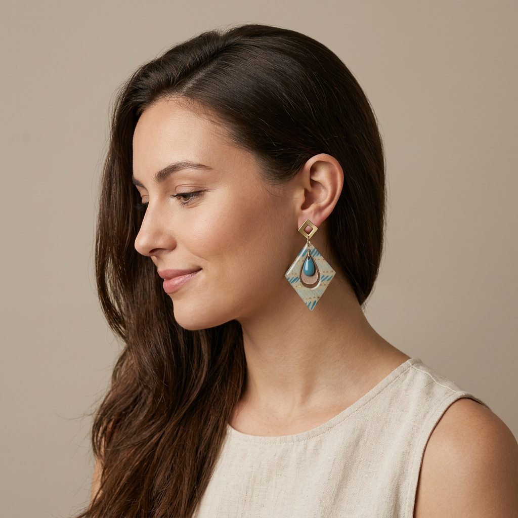 boucles d'oreilles losange fait main Trikōṇa papier népalais traits bleus touches dorées