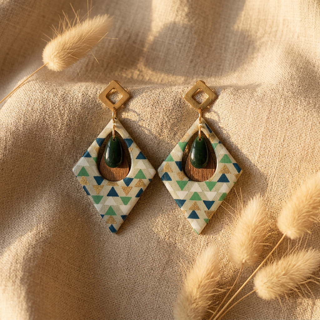 boucles d'oreilles losange fait main Trikōṇa bleu vert doré papier indien 