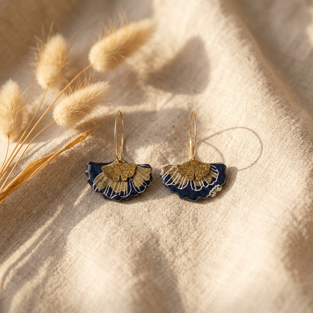 Boucles d'oreilles créoles gingko · papier indien bleu nuit et or · fait main France