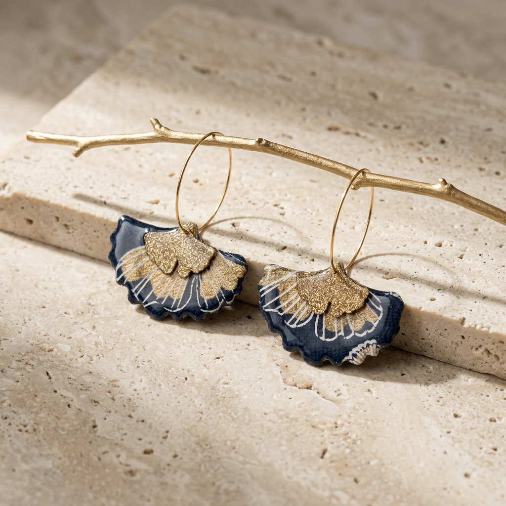 Boucles d'oreilles créoles gingko · papier indien bleu nuit et or · fait main France