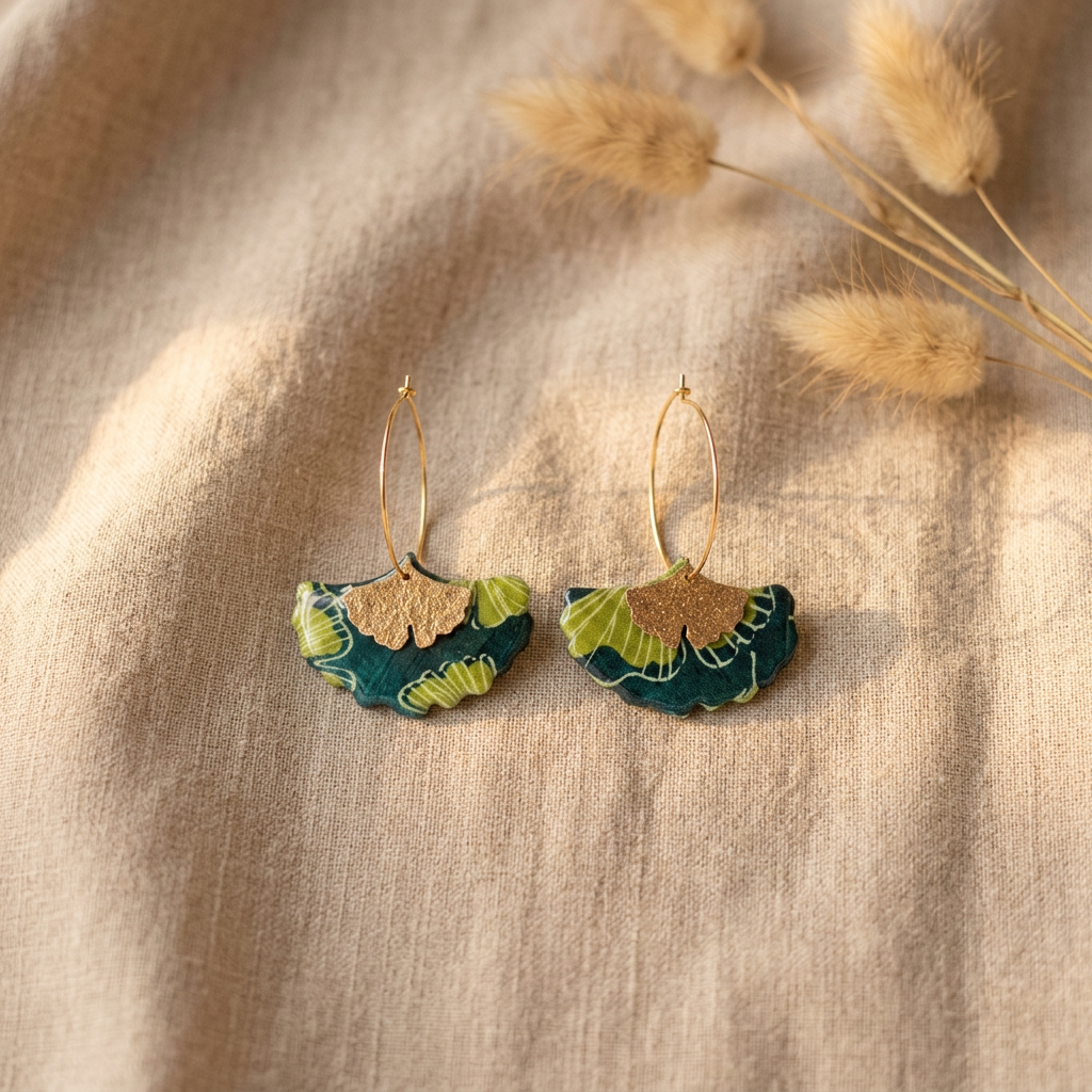 Boucles d'oreilles créoles gingko · papier indien vert forêt et or · fait main France