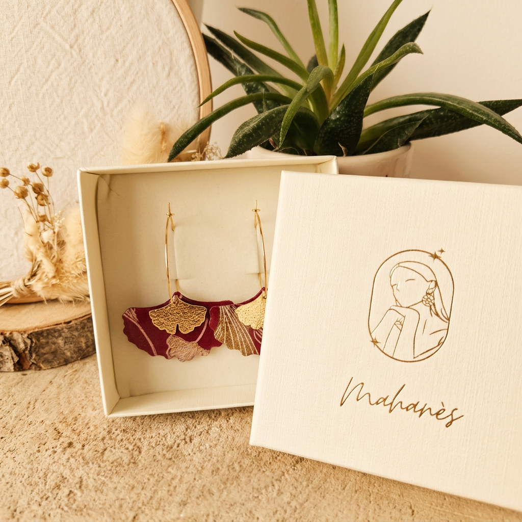 Boucles d'oreilles créoles gingko papier indien rouge & or