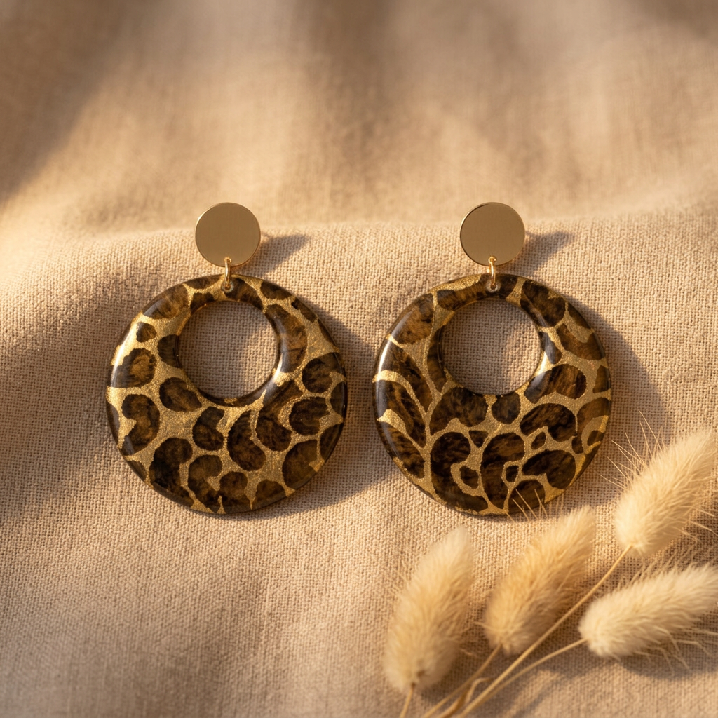 Boucles d'oreilles Kriyōla · papier lokta doré & kaki · clous acier inoxydable · fait main France