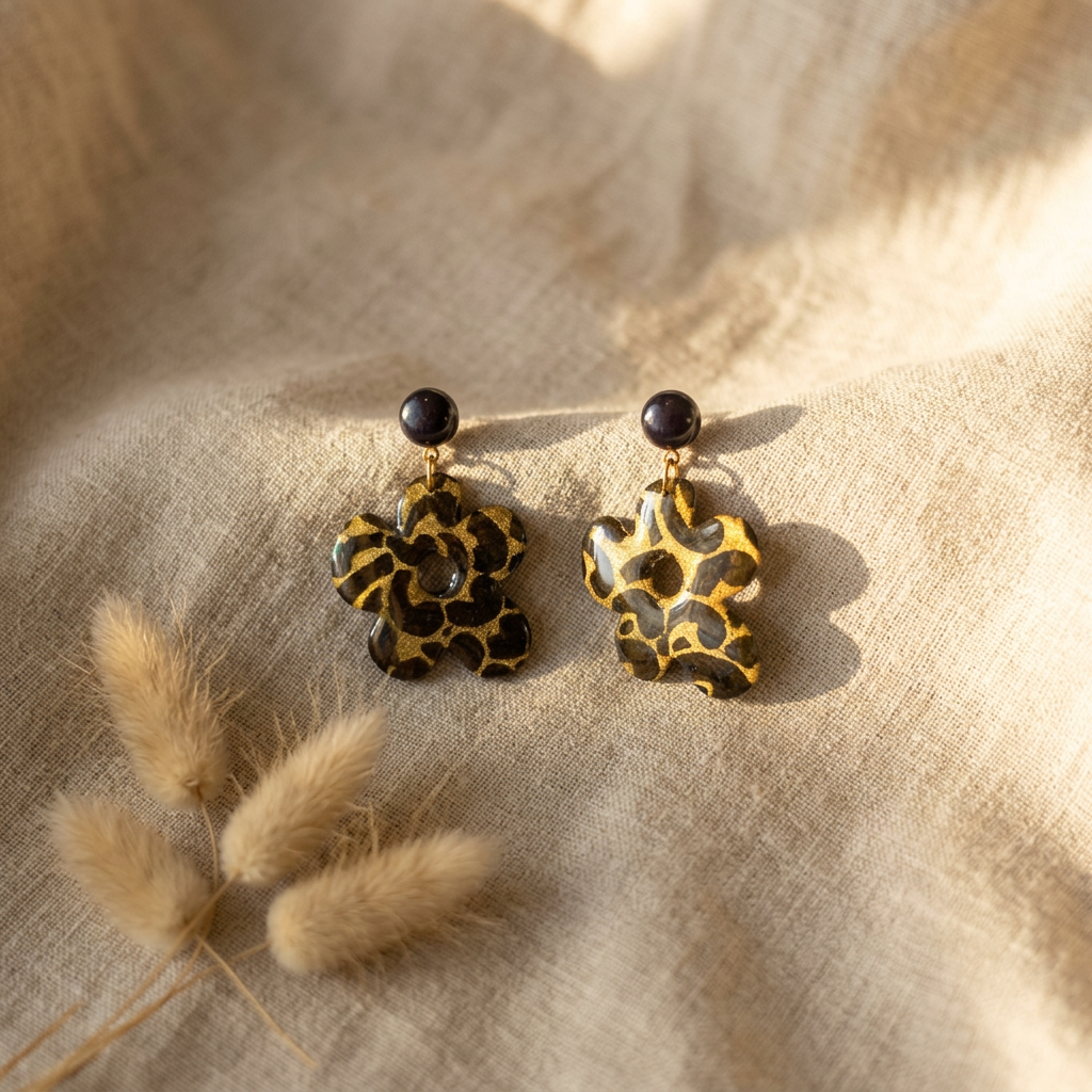 Boucles d'oreilles pendantes Kéti · papier lokta doré et vert kaki · fait main France