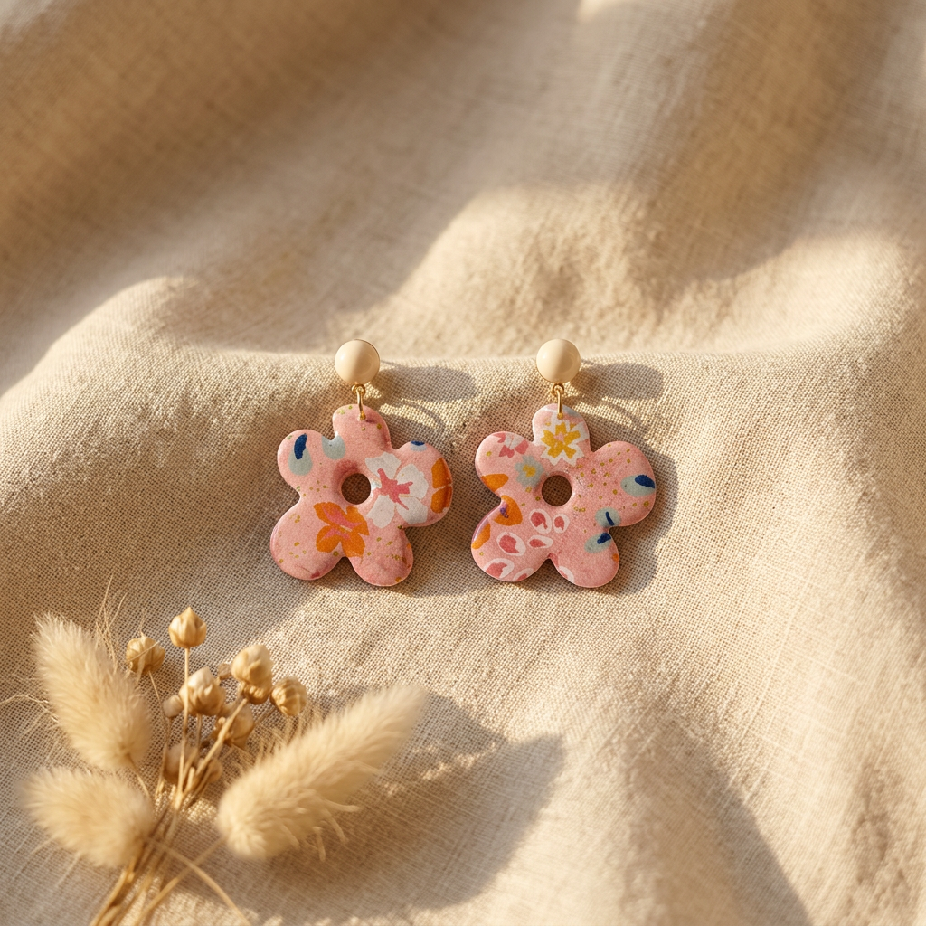 Boucles d'oreilles pendantes Kéti · papier indien fleuri rose orange et or · fait main France