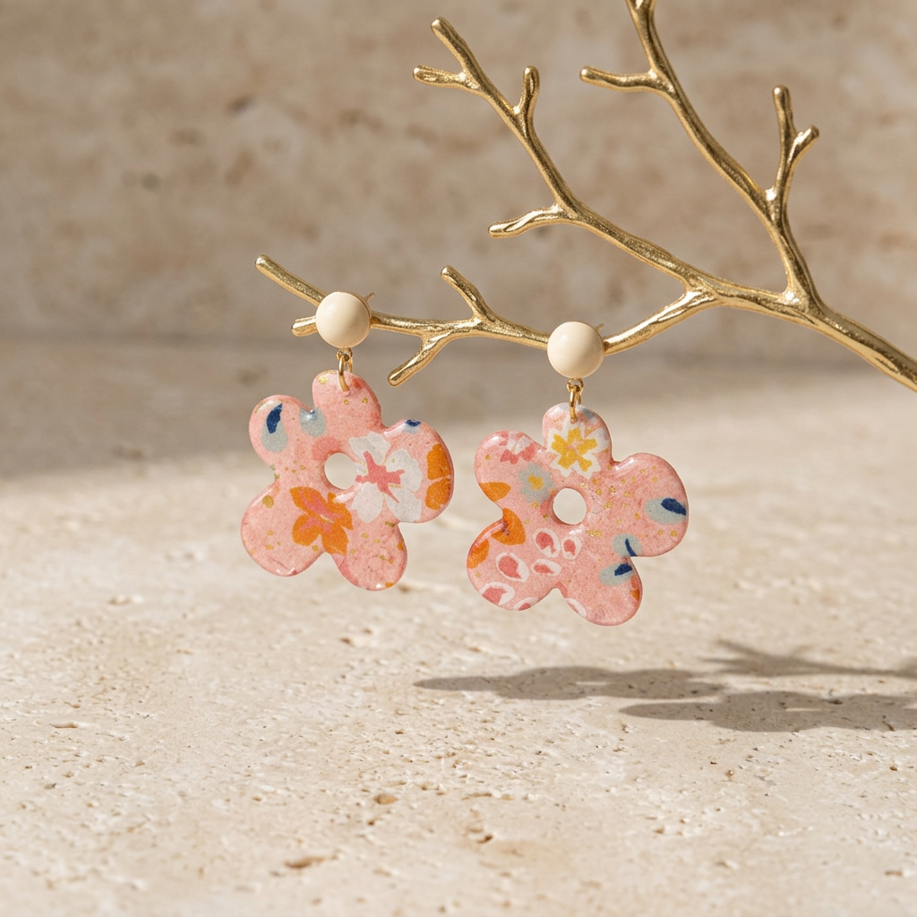 Boucles d'oreilles pendantes Kéti · papier indien fleuri rose orange et or · fait main France