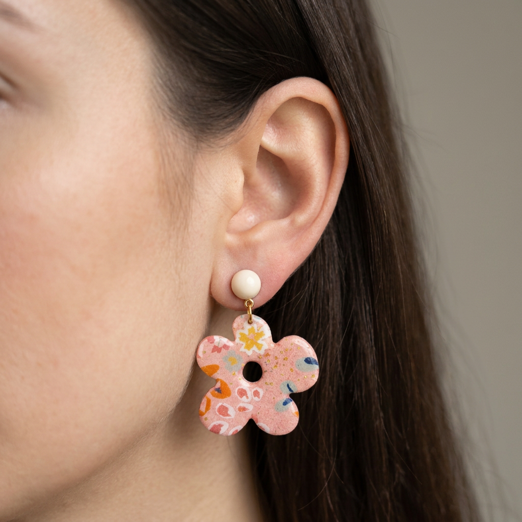 Boucles d'oreilles pendantes Kéti · papier indien fleuri rose orange et or · fait main France