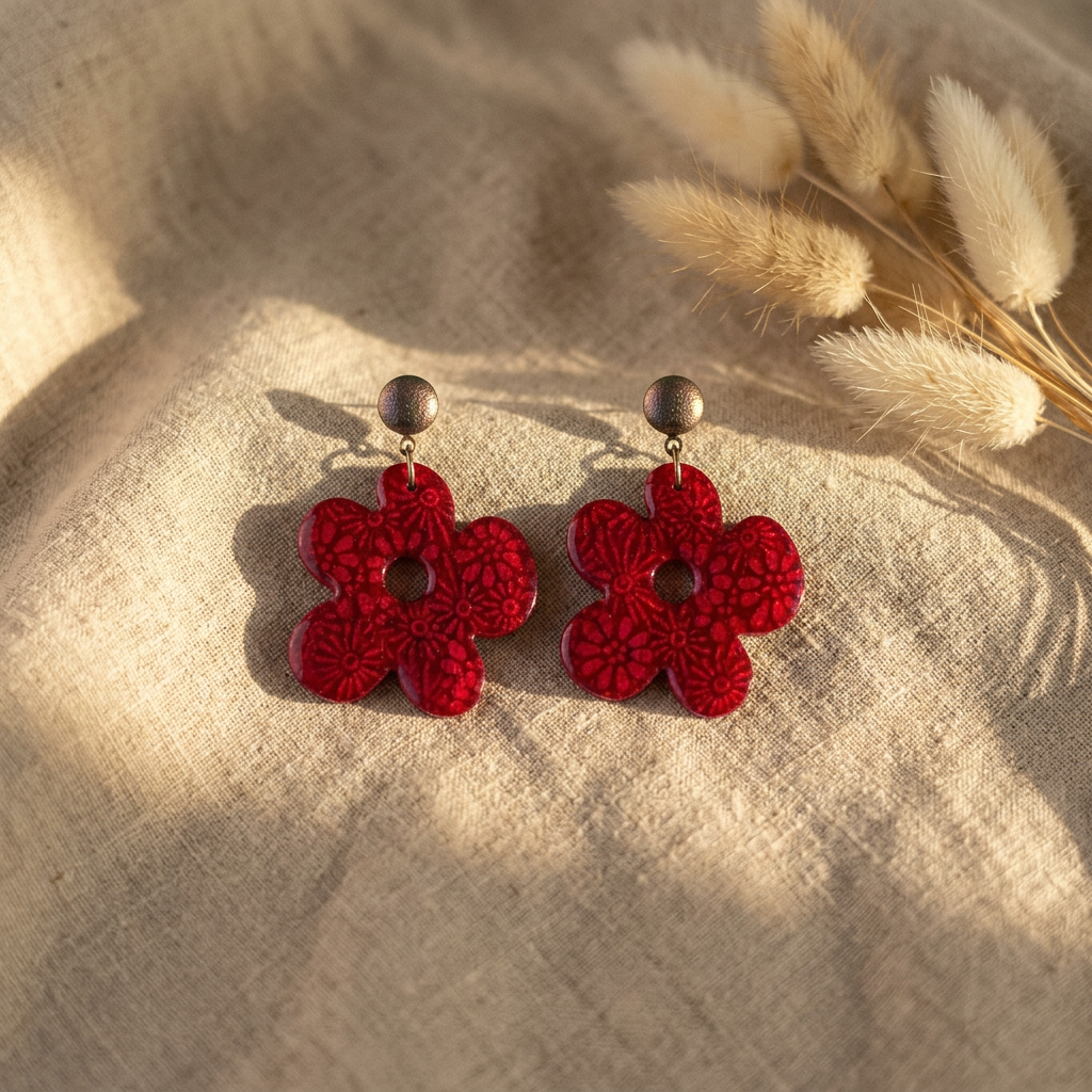 Boucles d'oreilles pendantes pâquerette papier Lokta rose fuchsia résiné motifs floraux en relief, cabochon cuivré, clous acier inoxydable — collection Sāra 
