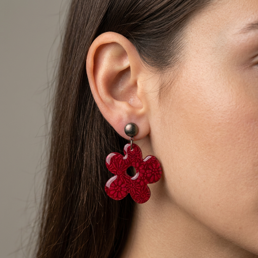 Boucles d'oreilles pendantes Kéti · papier lokta fuchsia motifs floraux · fait main France
