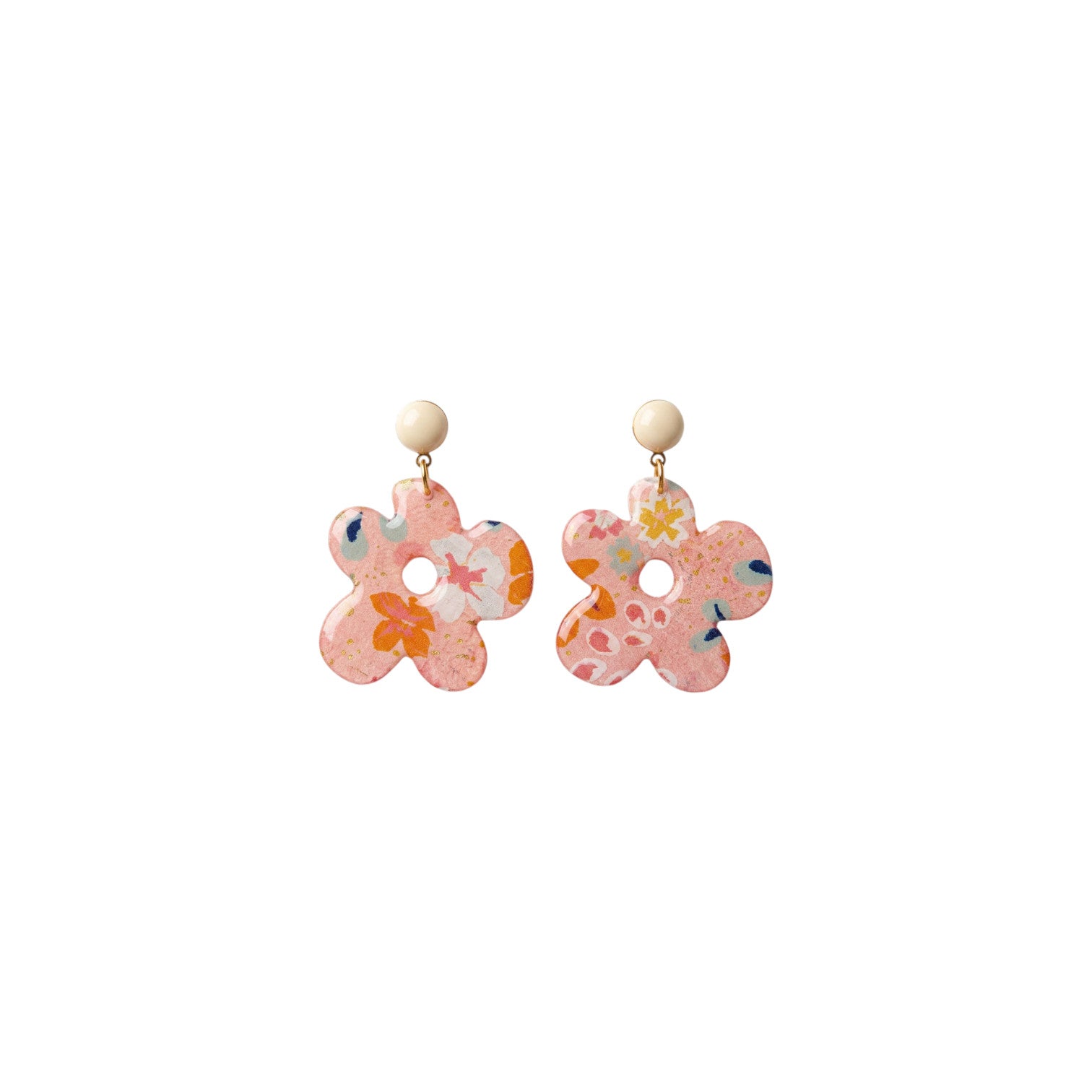 Boucles d'oreilles pendantes Kéti · papier indien fleuri rose orange et or · fait main France