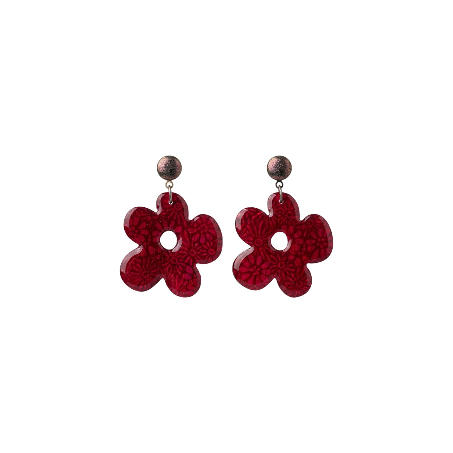 Boucles d'oreilles pendantes Kéti · papier lokta fuchsia motifs floraux · fait main France