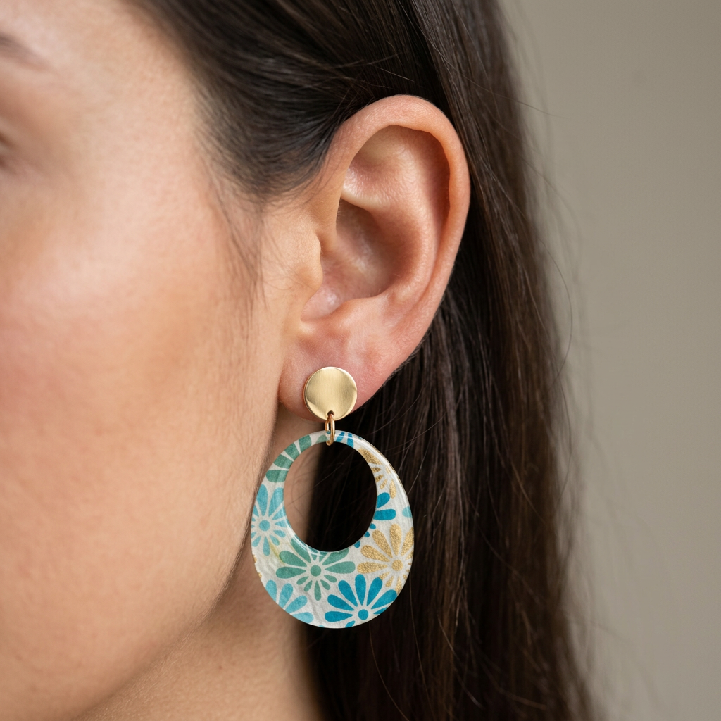 Boucles d'oreilles créoles — Kriyōla éventails bleu vert doré · papier indien