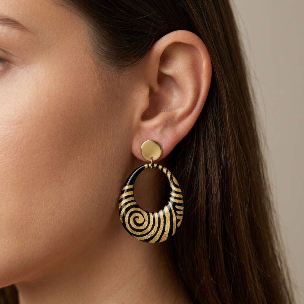 Boucles d'oreilles créoles  papier lokta noir & doré motifs spirales · collection Kriyōla