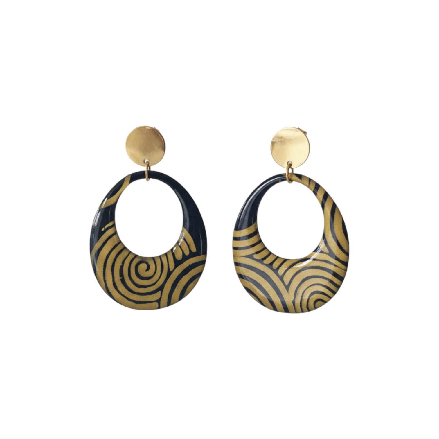 Boucles créoles Kriyōla papier népalais bleu paon caramel résine
miroir clous acier doré faites main France

