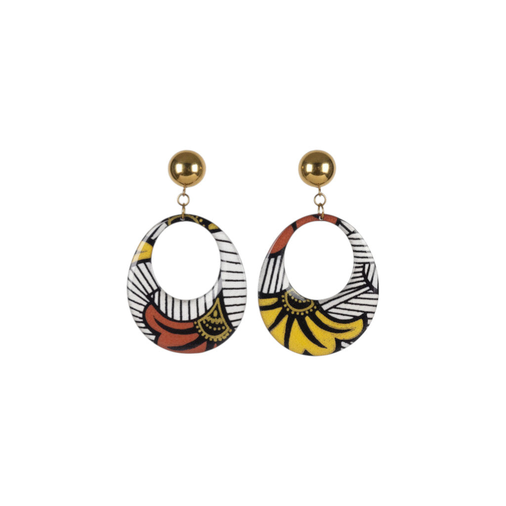 Boucles d'oreilles Kriyōla – Papier indien résiné Wax fleur gingko jaune et orange