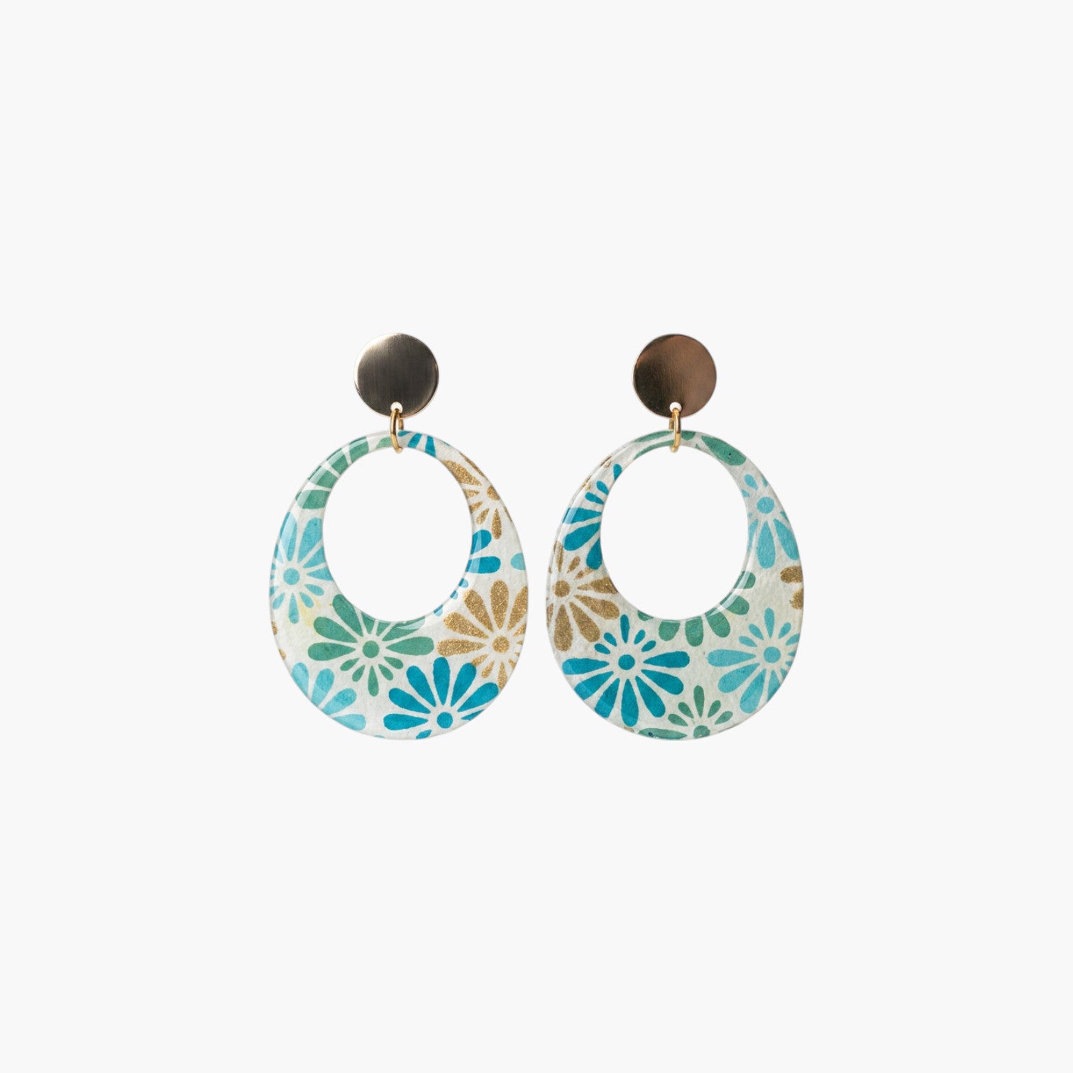 Boucles d'oreilles créoles — Kriyōla éventails bleu vert doré · papier indien
