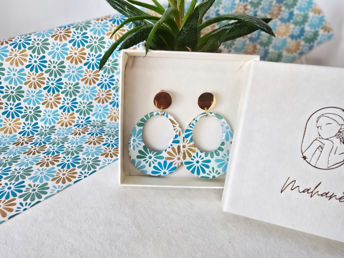 Boucles d'oreilles créoles — Kriyōla éventails bleu vert doré · papier indien