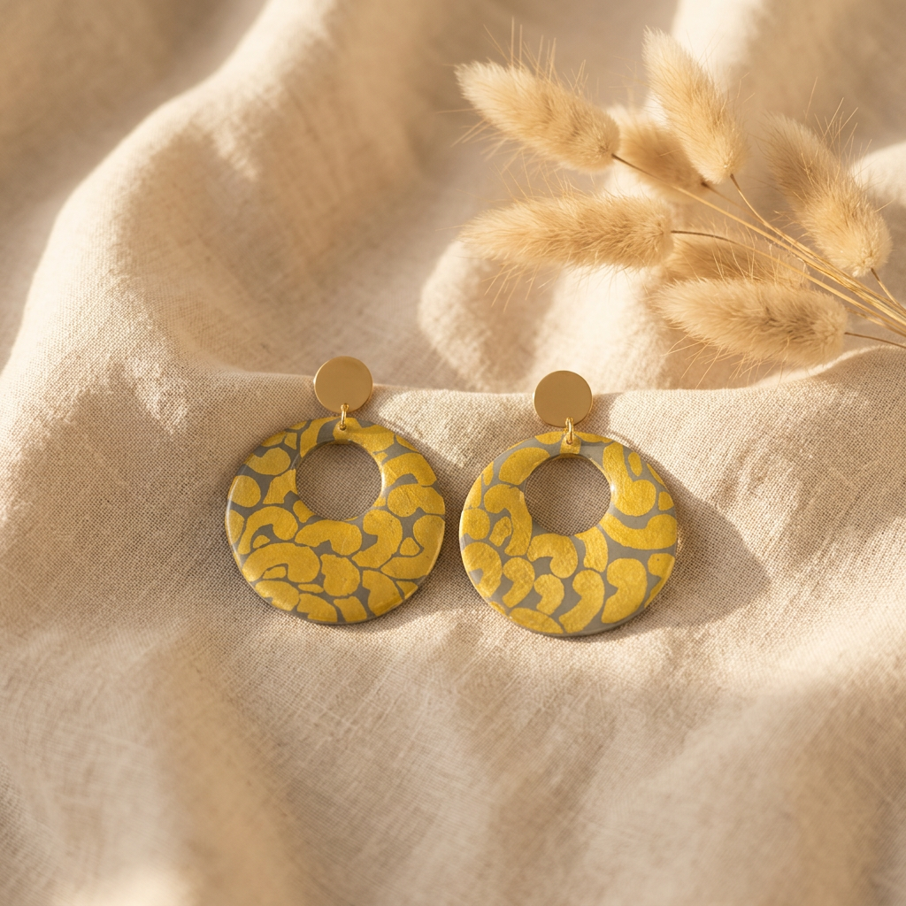 Boucles d’oreilles rondes en papier lokta jaune moutarde et gris, motifs organiques, attaches dorées.