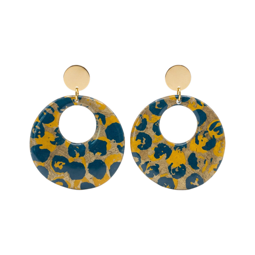 Créoles en papier lokta bleu, ocre & doré