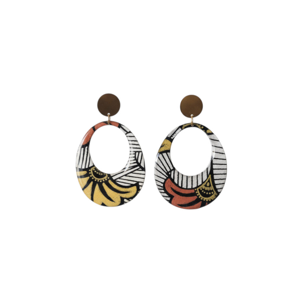 Boucles d'oreilles Kriyōla – Papier indien résiné Wax fleur gingko jaune et orange