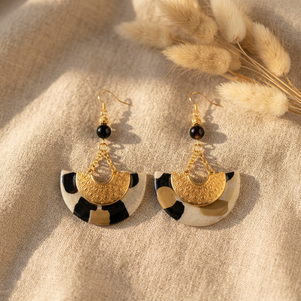 Boucles d'oreilles Ādhā Gōla posées sur un lin naturel, motif léopard en papier lokta résiné, tons ivoire, noir et camel, détails en laiton doré.