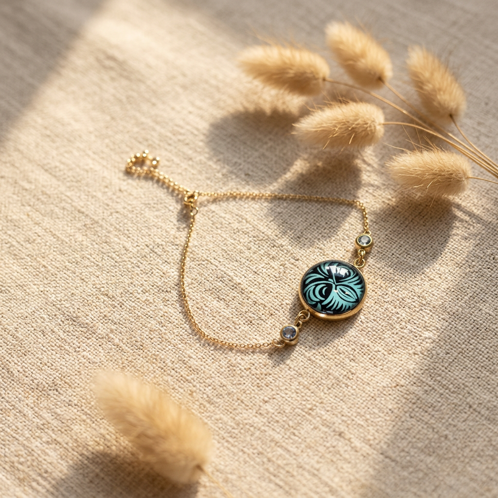 Medallion Bracelet | Blue Indian Paper · 2 Rhinestones | Stainless Steel