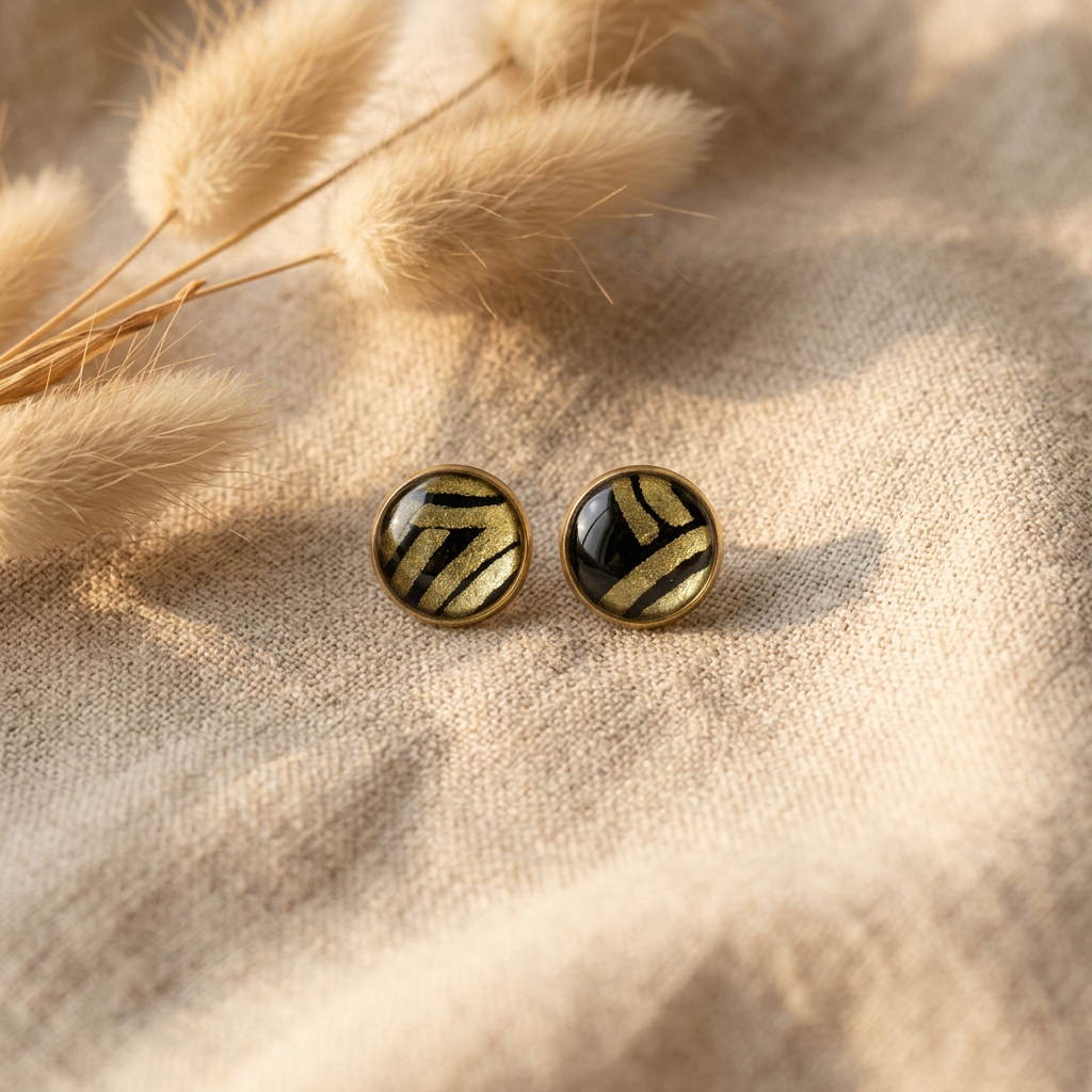 Boucles d'oreilles puces Māmūlī · lokta noir & doré