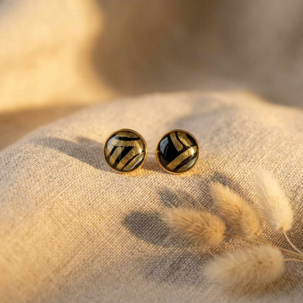 Boucles d'oreilles puces Māmūlī · lokta noir & doré