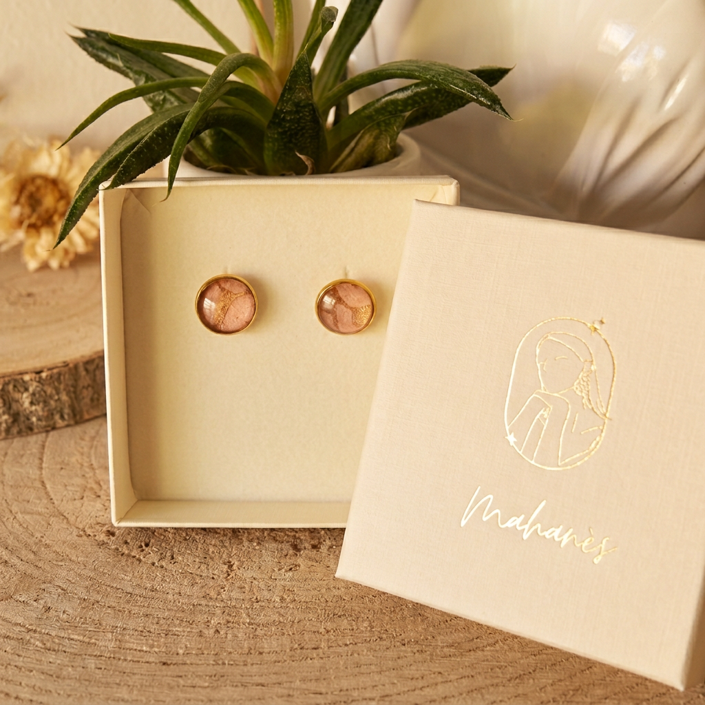 Boucles d'oreilles puces Māmūlī · lokta rose poudré & cuivre