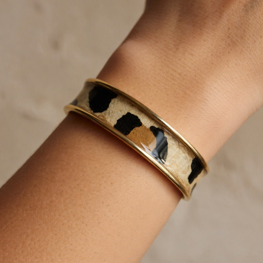 Manchette Dorée – Papier Népalais résiné « Léopard Chic » Beige & Noir