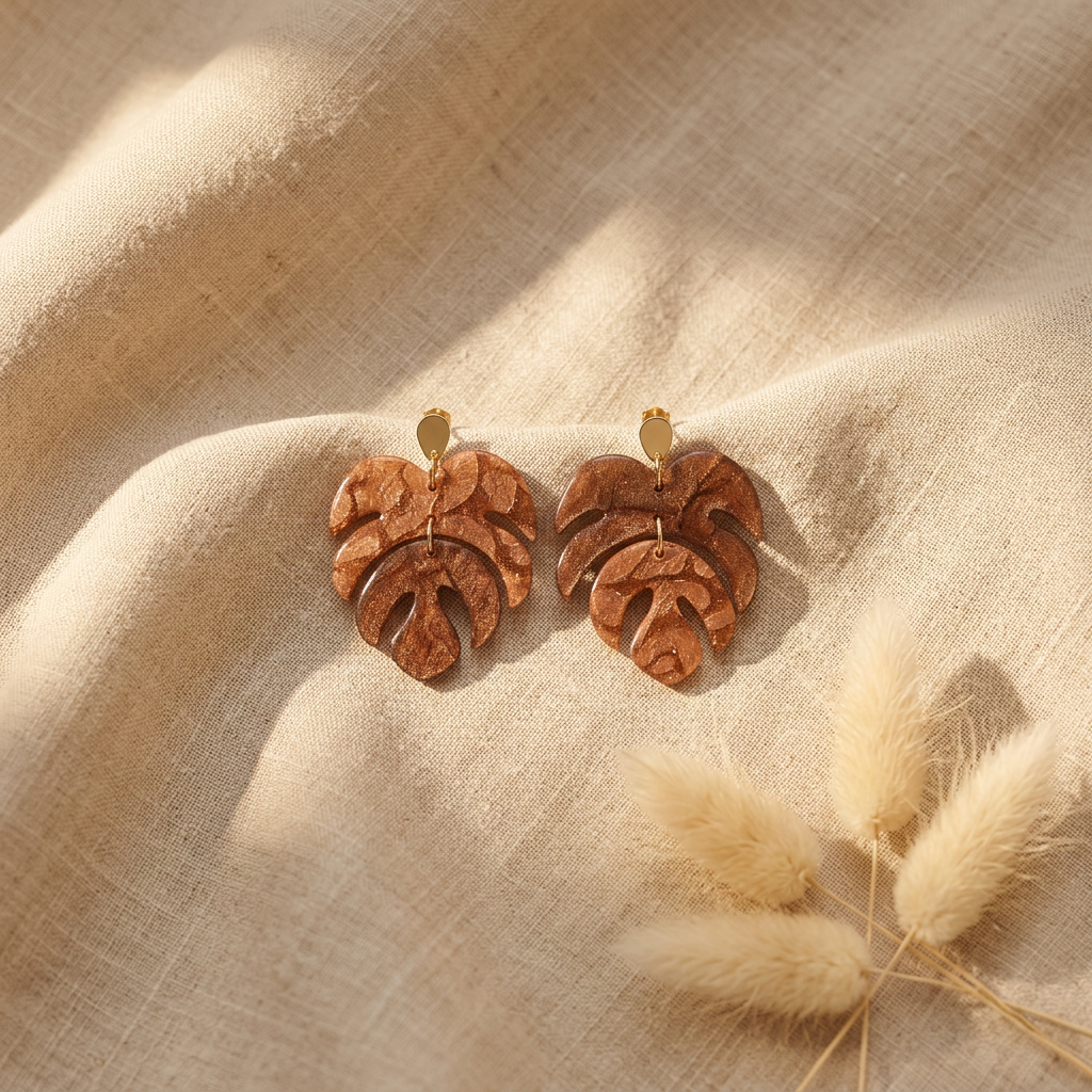 Boucles d'oreilles pendantes feuille Monstera papier Lokta rose et cuivre résiné, reflets irisés, clous acier inoxydable dorés — collection Kriyōla
