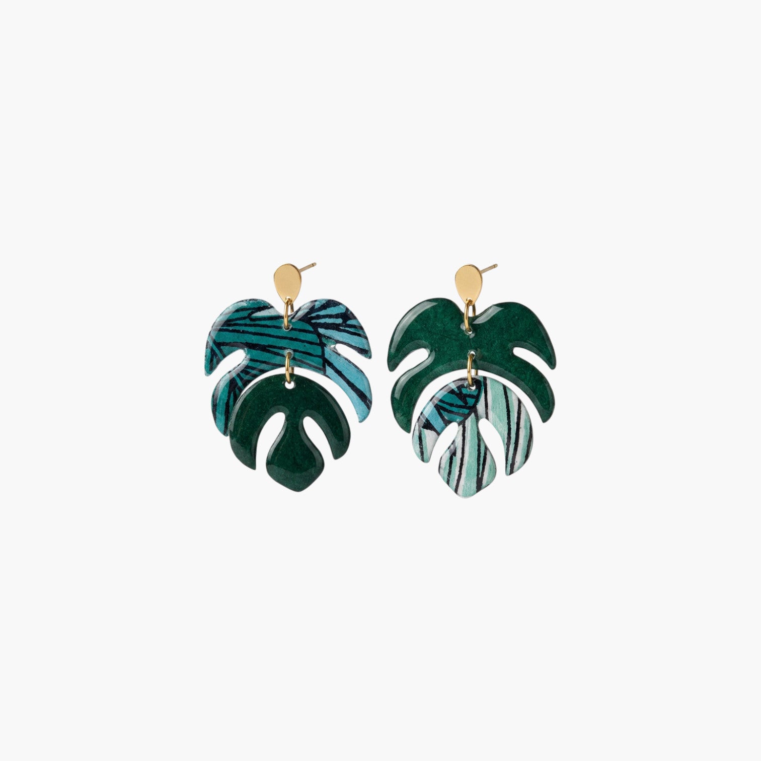 Boucles d'oreilles  Monstera papier indien verts & bleus