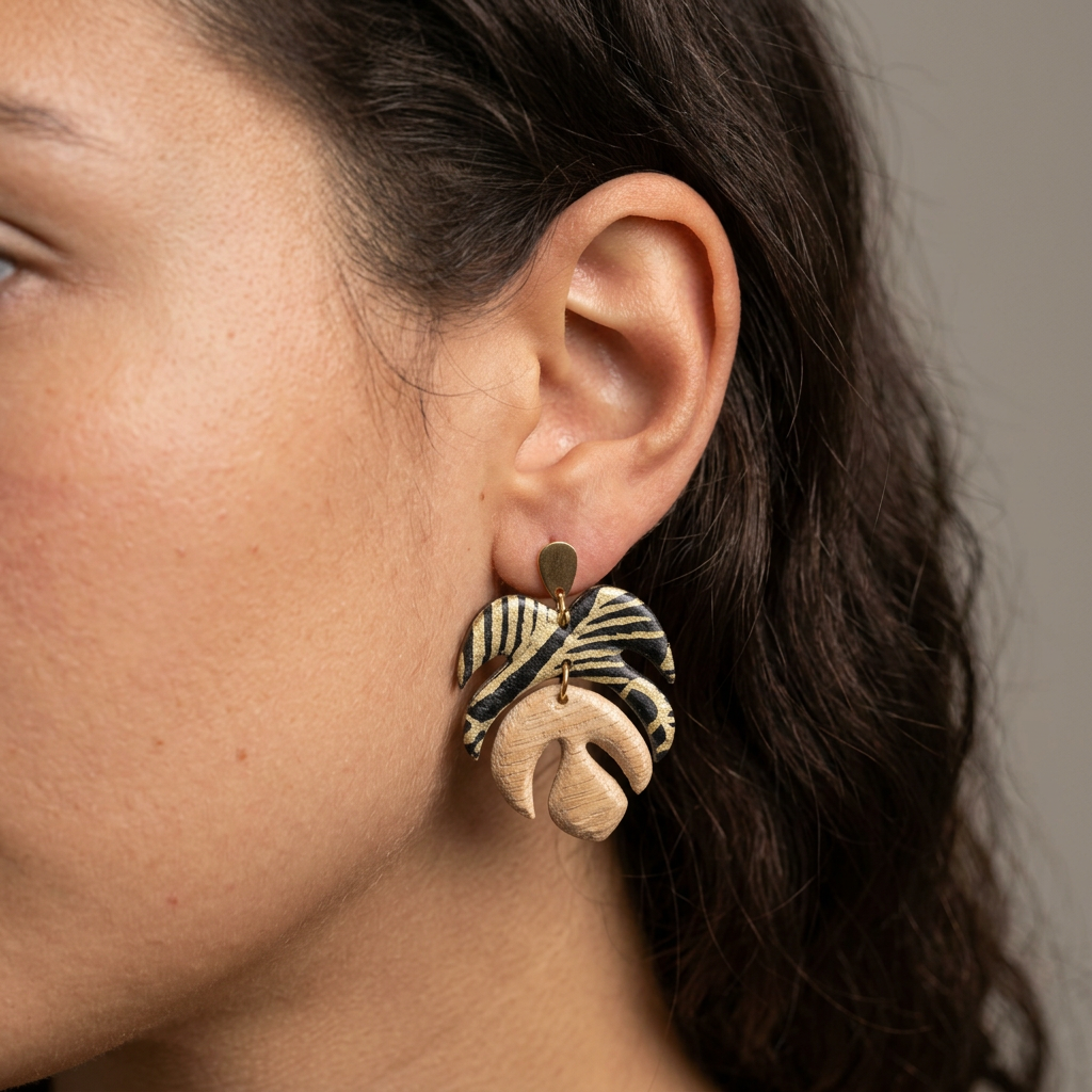 Boucles d'oreilles botaniques fait main Monstera — papier lokta bleu vert & doré
