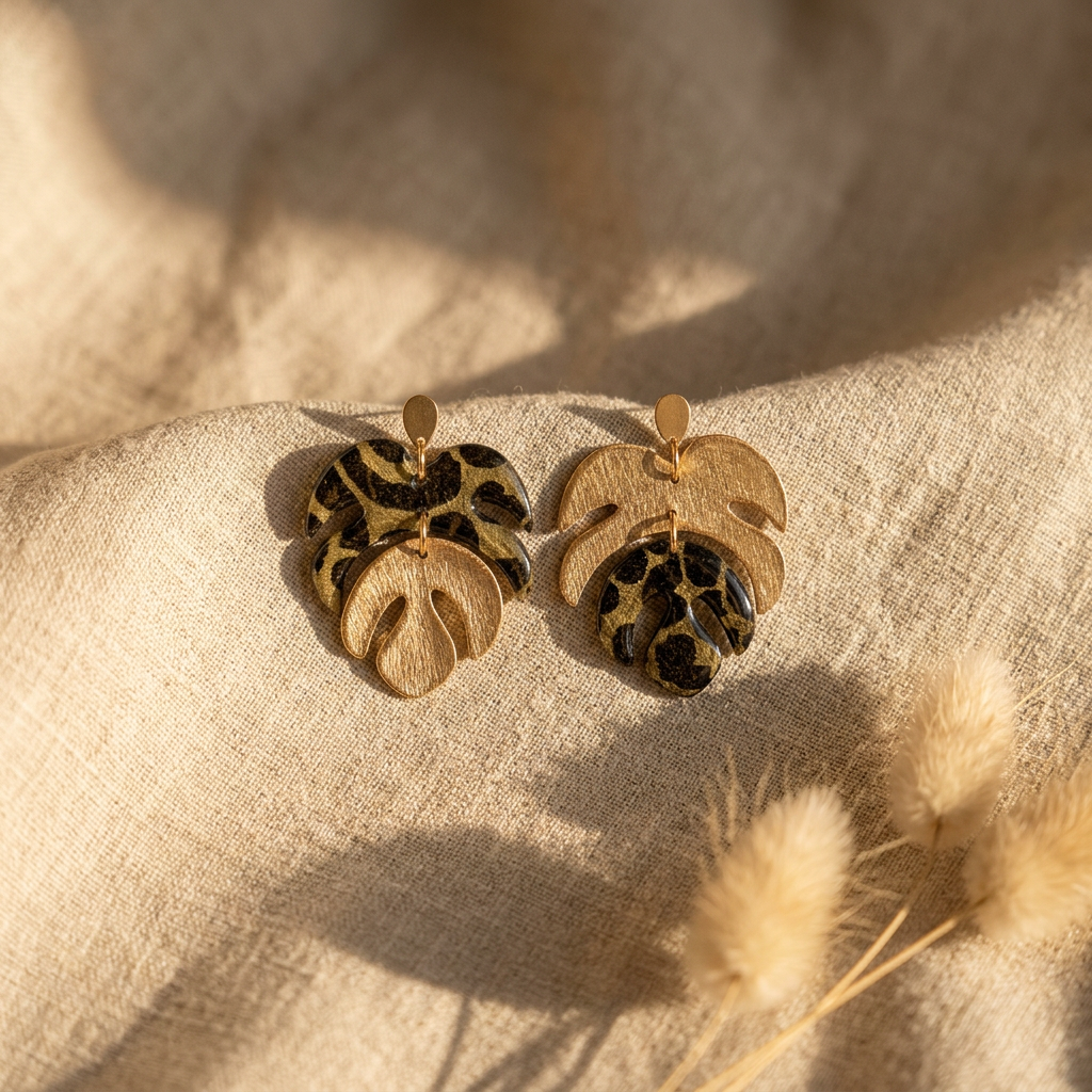 Boucles d'oreilles pendantes Monstera · papier lokta doré et vert kaki · fait main France