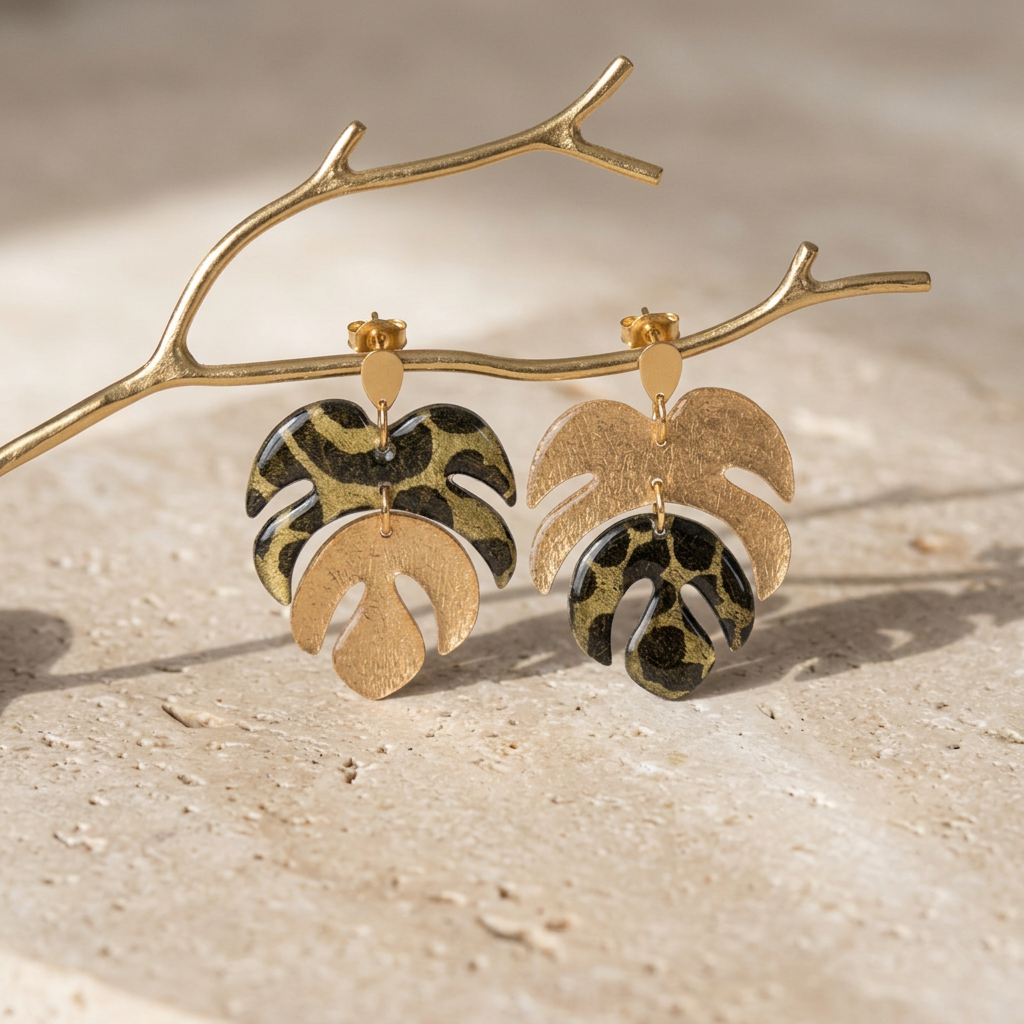 Boucles d'oreilles pendantes Monstera · papier lokta doré et vert kaki · fait main France