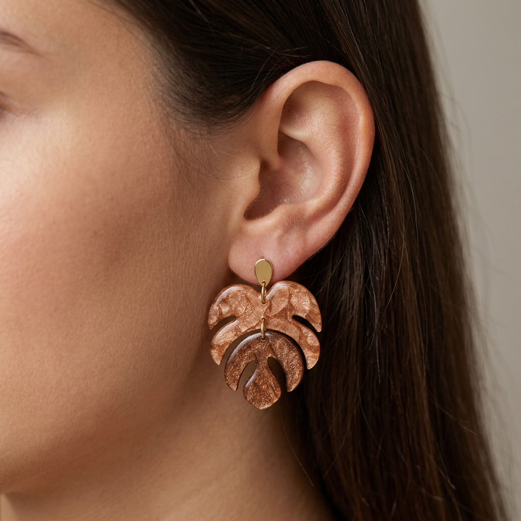 Boucles d'oreilles pendantes Monstera · papier lokta rose poudré et cuivre · fait main France