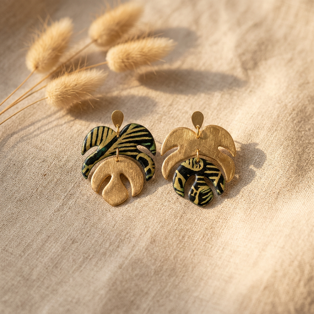 boucles d'oreilles botaniques fait main Monstera papier lokta motifs feuilles bleu vert doré