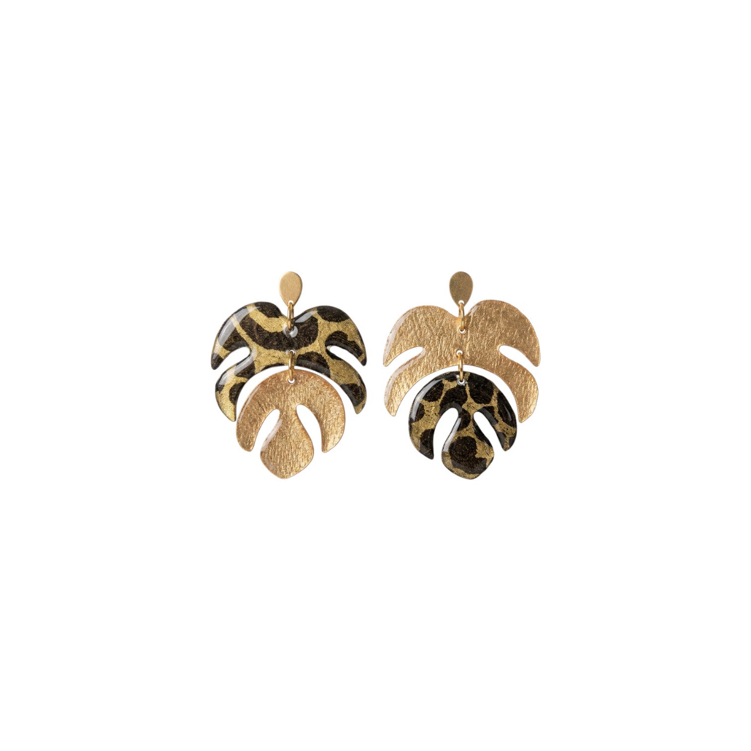 Boucles d'oreilles pendantes Monstera · papier lokta doré et vert kaki · fait main France