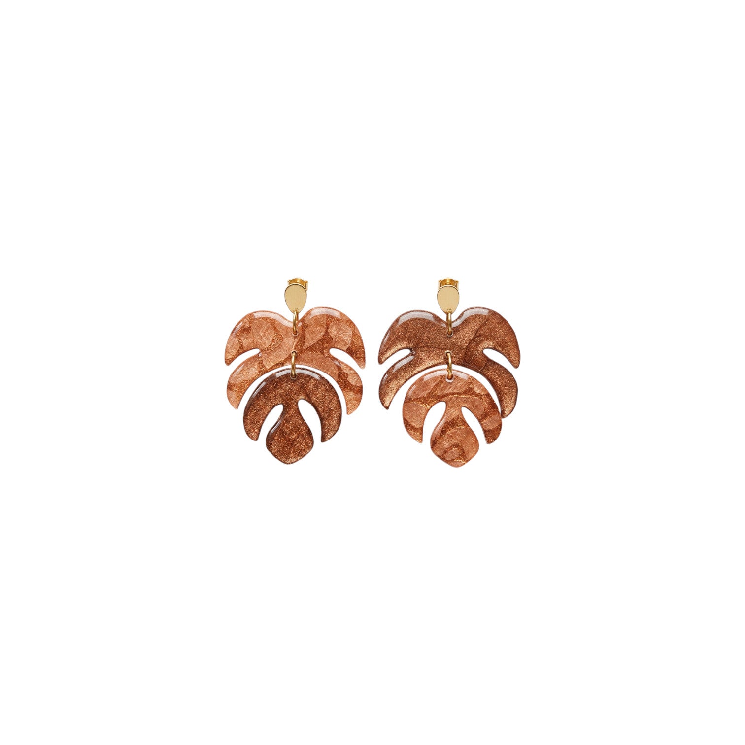 boucles d'oreilles botaniques fait main Monstera papier lokta rose poudré cuivre irisé