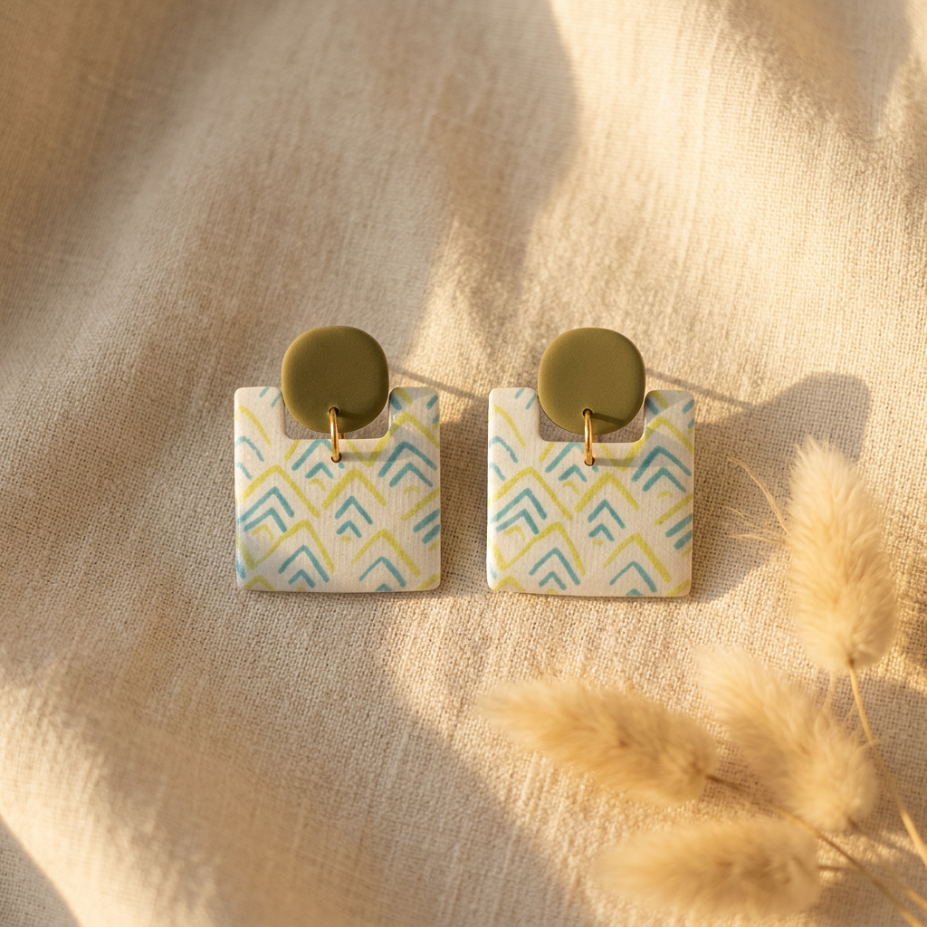 boucles oreilles pendantes fait main carré papier indien beige bleu vert